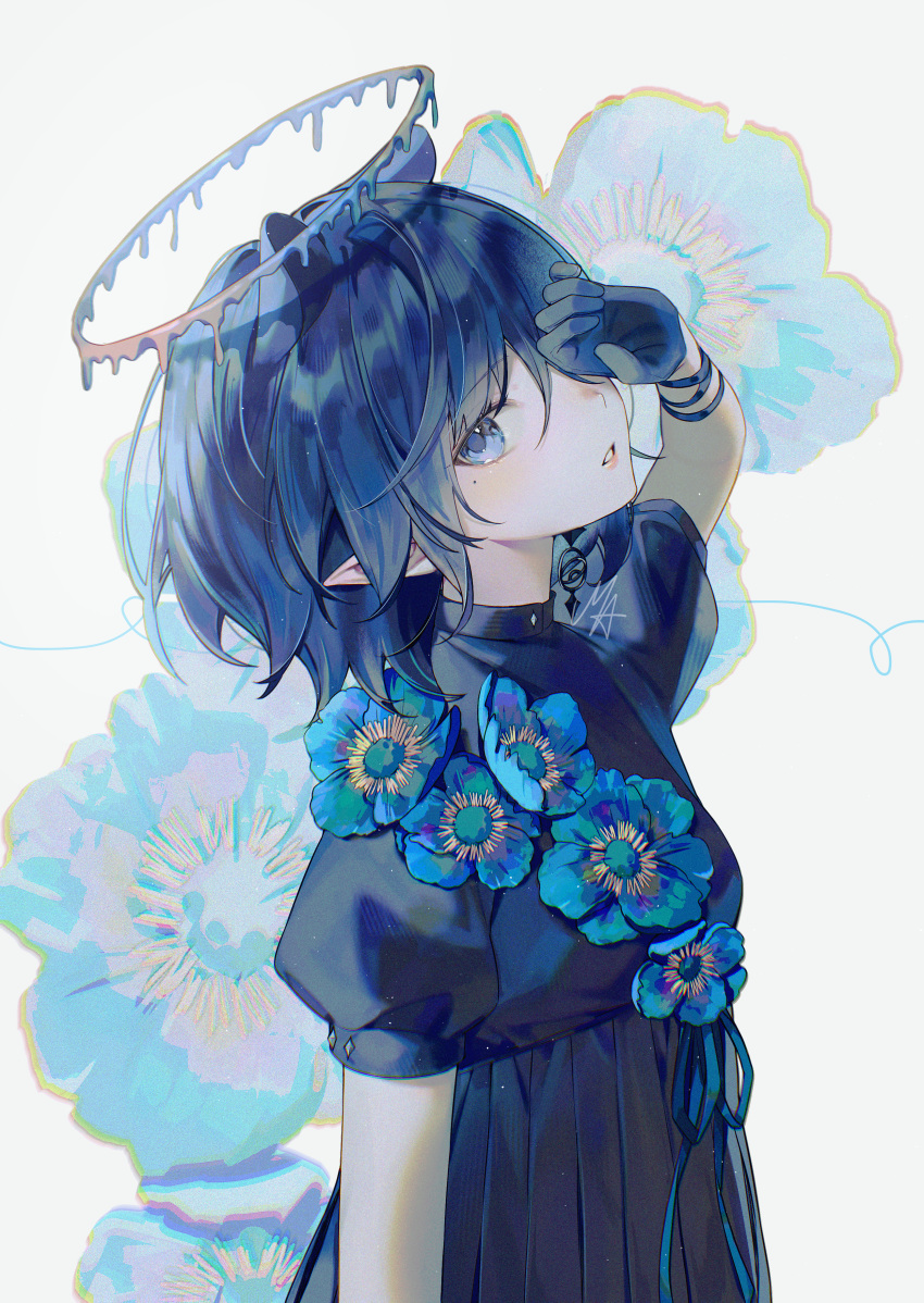 1girl, absurdres, ani_019, bilingual_commentary, black_dress, blue_flower, blue_hair, blue_halo