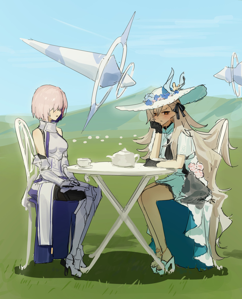 absurdres, armor, armored_dress, bare_shoulders, black_gloves, blush, breasts, capelet, dress, earrings, elbow_gloves, fate/grand_order, fate_(series), fgo_gwa, flower, gloves, hair_over_one_eye, hair_ribbon, hat, hat_flower, highres, jewelry, large_breasts, long_hair, mash_kyrielight, mash_kyrielight_(demi-servant), multiple_girls, olga_marie_animusphere, open_mouth, orange_eyes, pink_hair, purple_hair, ribbon, short_hair, smile, sun_hat, two-tone_dress, u-olga_marie, u-olga_marie_(first_ascension), very_long_hair, white_dress, white_hair, white_hat