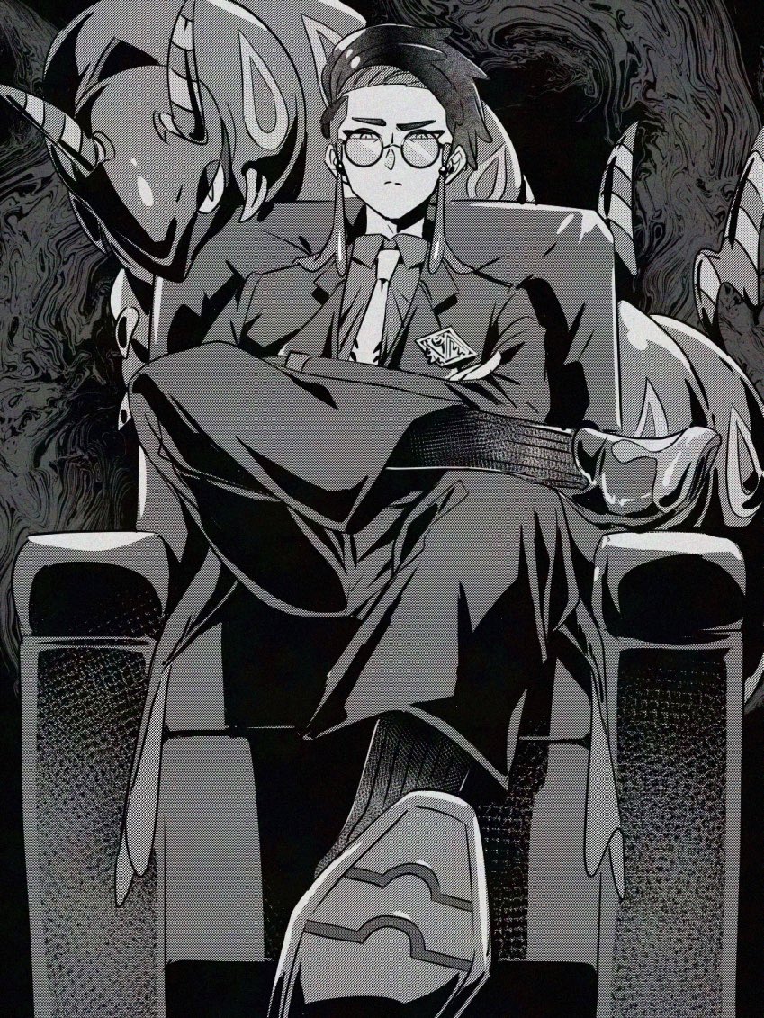 1boy, bug, centipede, chair, closed_mouth, collared_shirt, corbeau_(pokemon), crossed_legs