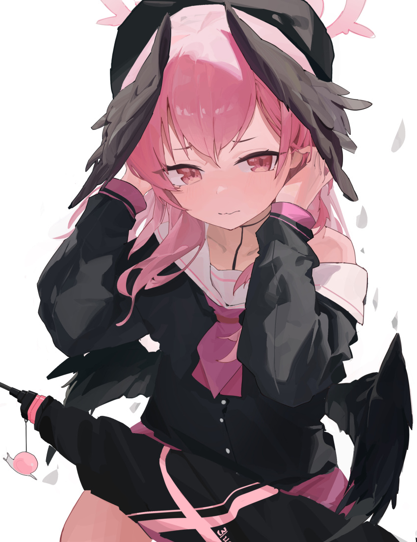 1girl, absurdres, black_hat, black_shirt, black_wings, blue_archive, closed_mouth, commentary, facing_viewer, feathered_wings, halo, hands_up, hat, head_wings, highres, koharu_(blue_archive), lirn, long_hair, long_sleeves, looking_down, low_wings, neckerchief, pink_eyes, pink_hair, pink_halo, pink_neckerchief, school_uniform, shirt, simple_background, solo, umbrella, white_background, wings