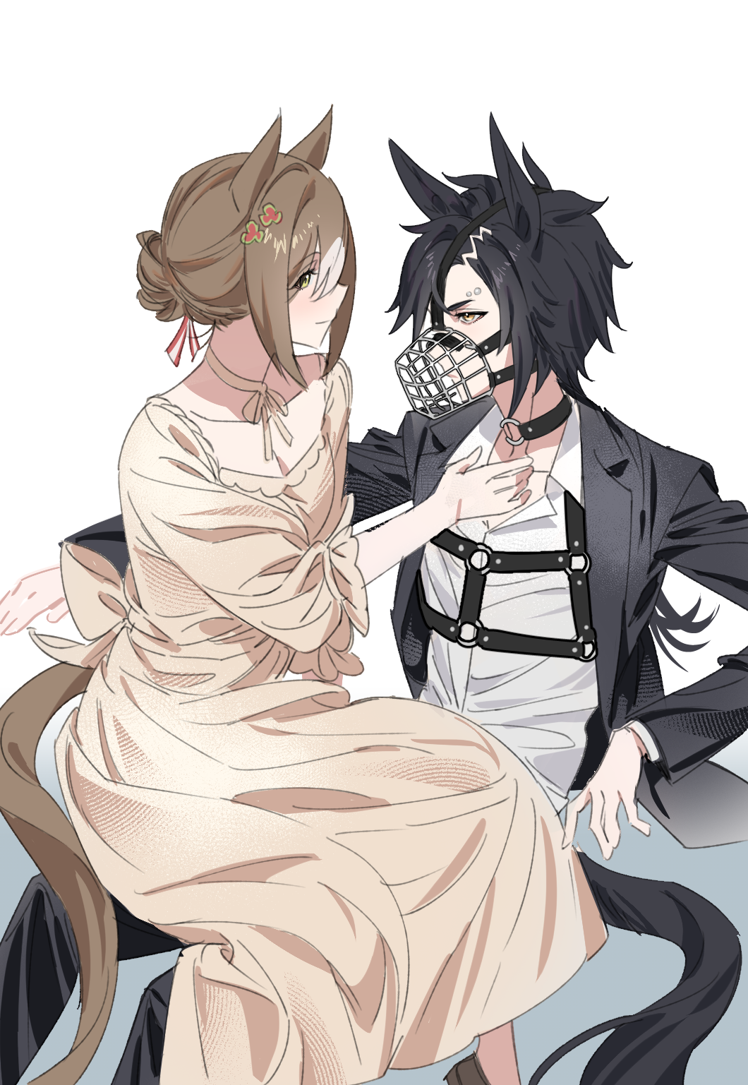 2girls, air_shakur_(umamusume), alternate_costume, androgynous, animal_collar, animal_ears, arm_rest, black_hair