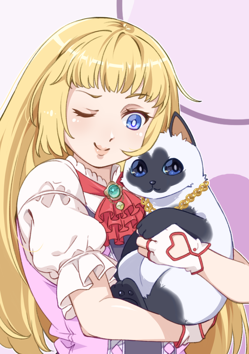 1girl, animal, blonde_hair, blue_eyes, blunt_bangs, cat, commentary, drdr_ao_midoro