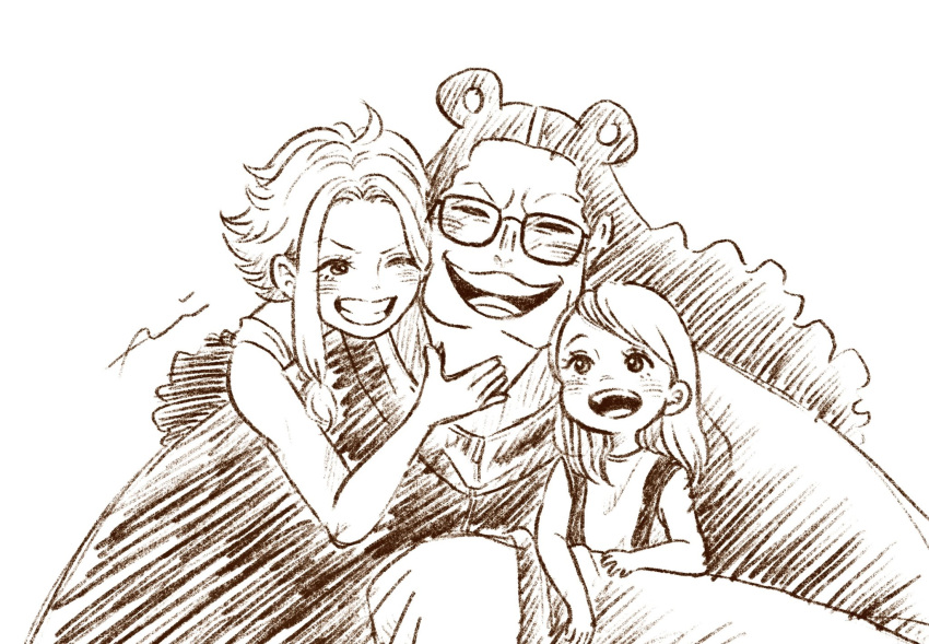 1boy, 2girls, ^_^, animal_ears, bartholomew_kuma, bear_ears, blush, child