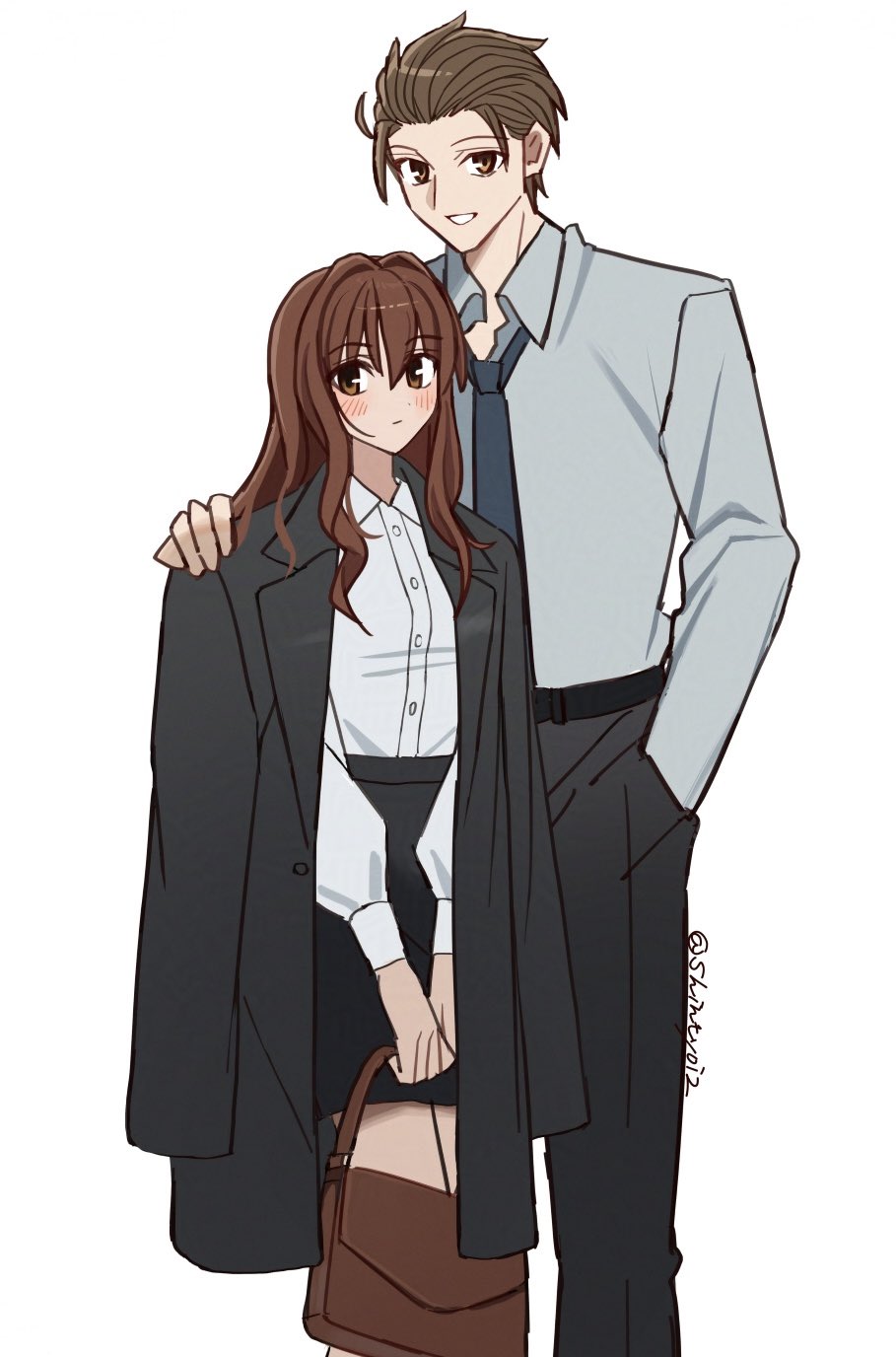1boy, 1girl, artist_name, bag, belt, black_necktie, black_pants, black_skirt, blush, brown_bag, brown_eyes, brown_hair, collared_shirt, expressionless, grey_shirt, hair_slicked_back, hand_in_pocket, hand_on_another's_shoulder, handbag, highres, jacket, jacket_on_shoulders, kumari_kojika, long_hair, long_sleeves, looking_at_viewer, mahou_tsukai_no_yoru, necktie, pants, parted_lips, shintyoi2, shirt, short_hair, skirt, smile, tsukiji_tobimaru, white_shirt