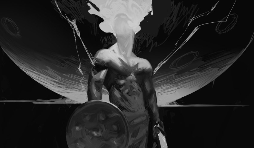 1boy, absurdres, commentary, cowboy_shot, daslvathomas, electricity, greyscale, hair_up