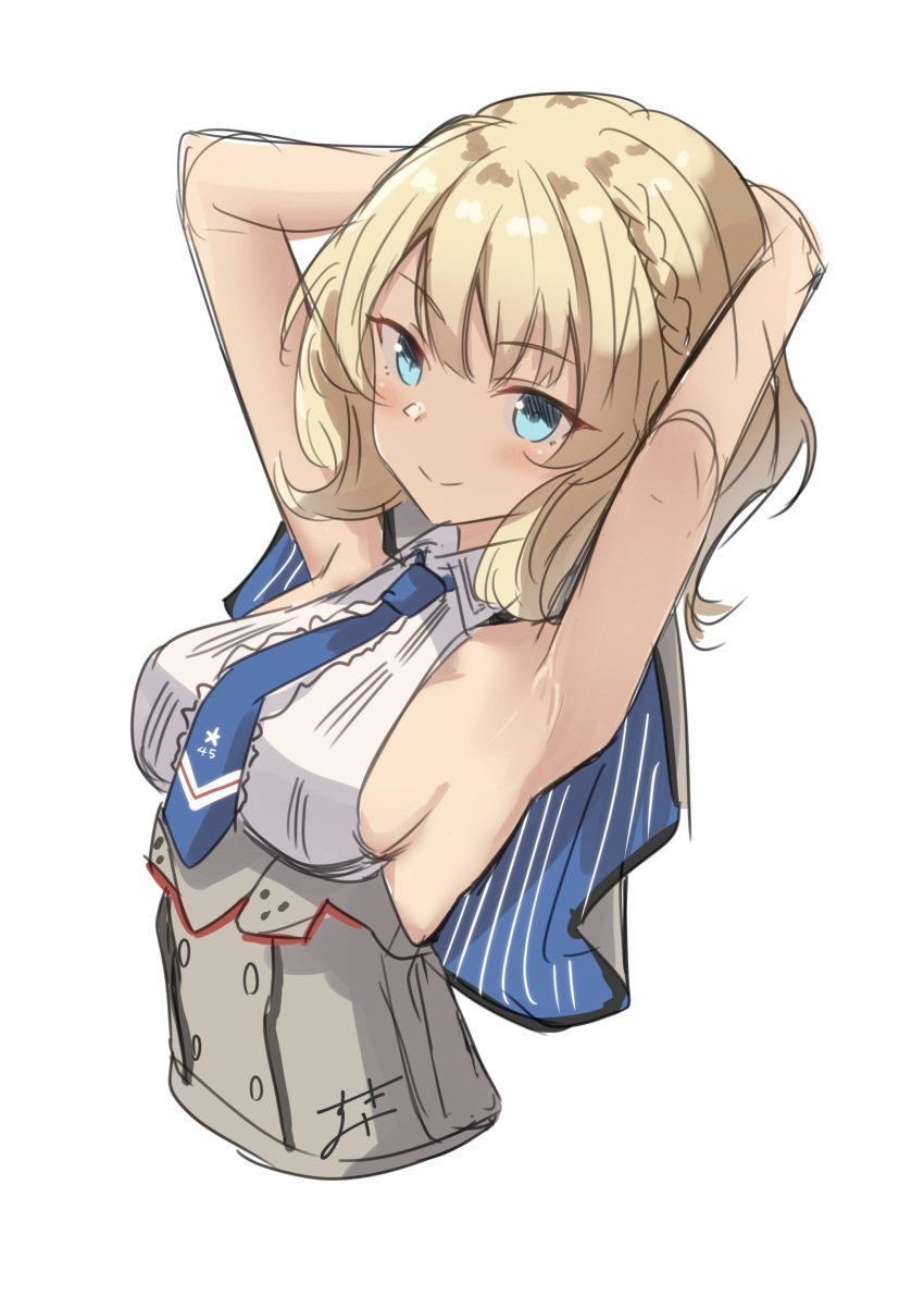 1girl, absurdres, armpits, arms_behind_head, blonde_hair, blue_eyes, blue_necktie, braid, capelet, collared_shirt, colorado_(kancolle), commentary_request, cropped_torso, grey_capelet, highres, kantai_collection, necktie, shirt, short_hair, side_braids, sideless_shirt, simple_background, solo, sukimizaki, upper_body, white_background, white_shirt