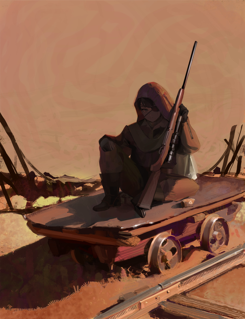 1girl, absurdres, bandages, barbed_wire, black_boots, bolivia, boots, cape