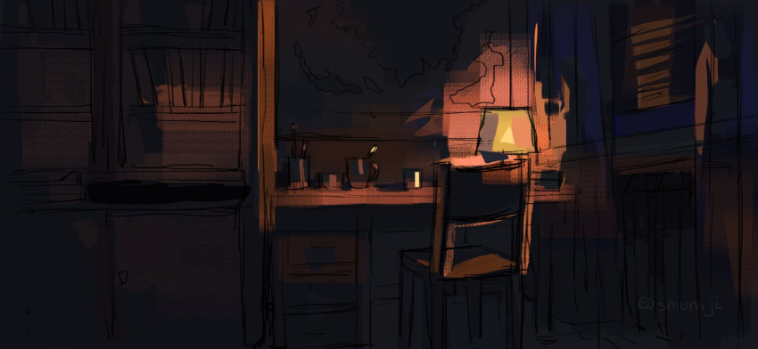 bedroom, bookshelf, chair, cup, desk, dim_lighting, highres, indoors