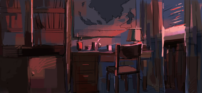 bedroom, bookshelf, chair, cup, desk, highres, indoors, lamp