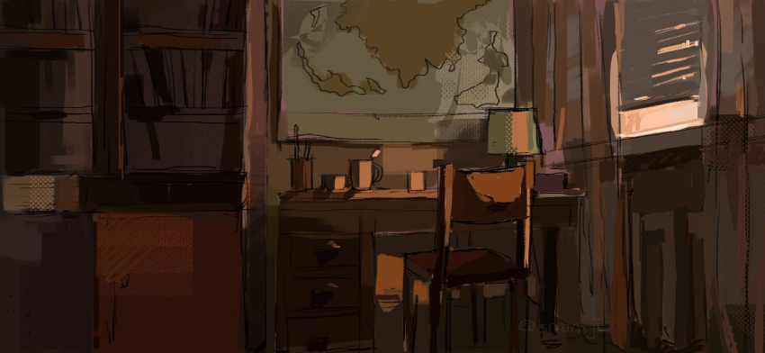 bedroom, bookshelf, chair, cup, desk, highres, indoors, lamp