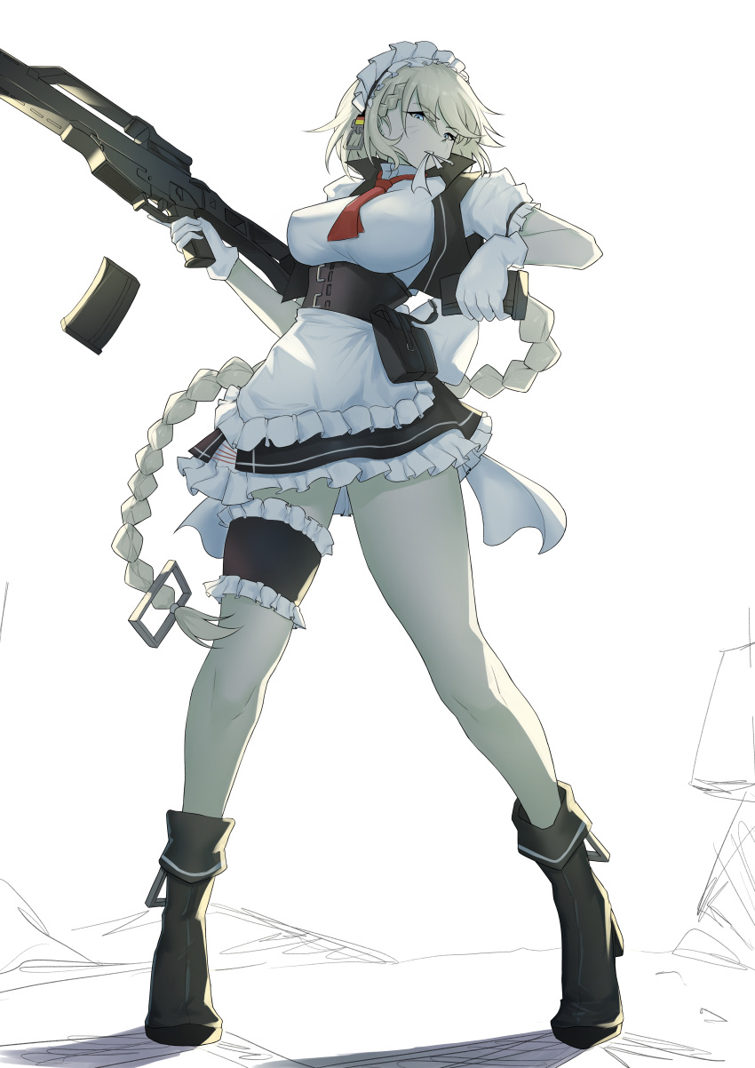 absurdres, apron, assault_rifle, bare_legs, black_corset, black_jacket, black_skirt, blonde_hair
