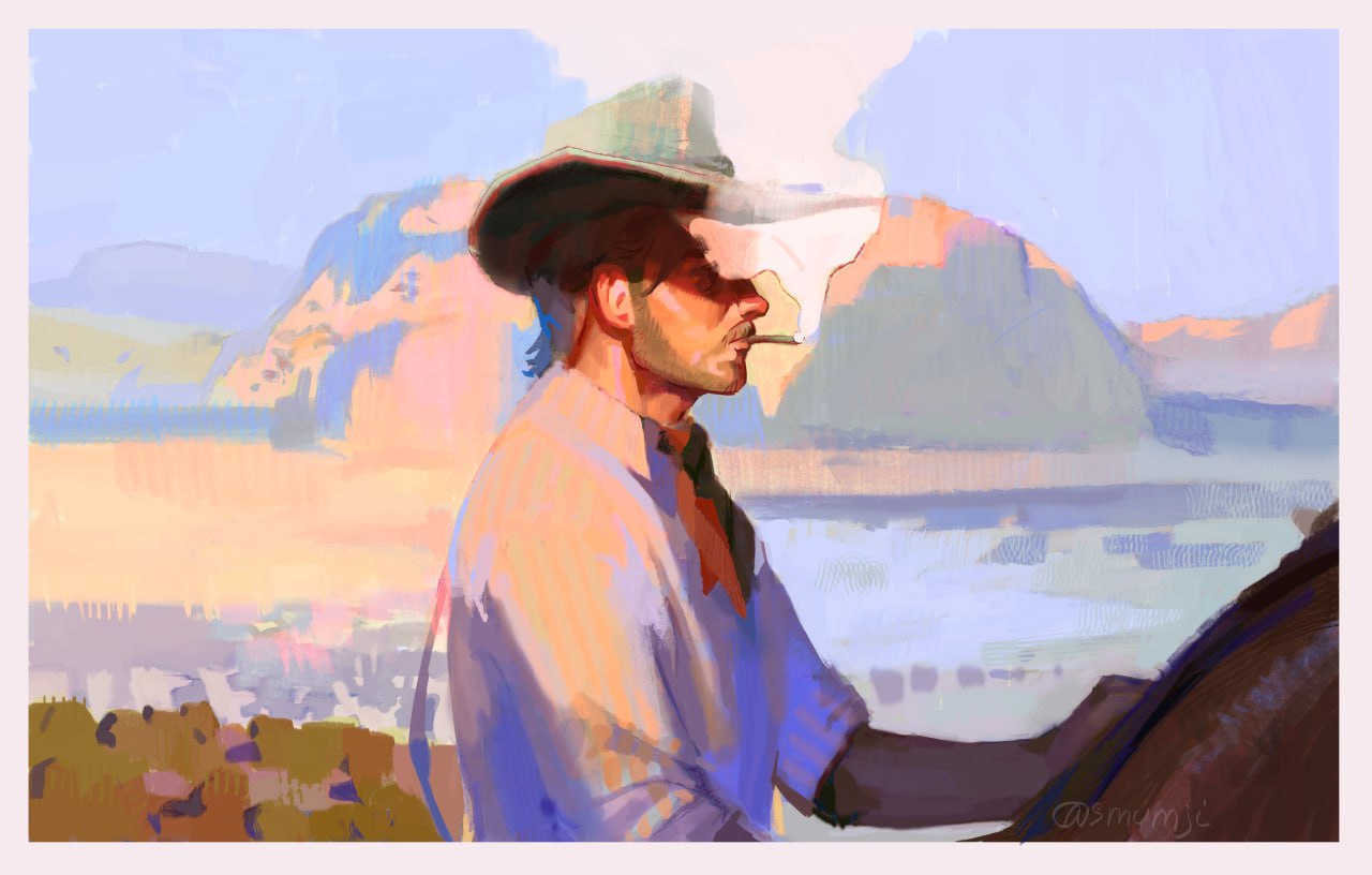 1boy, arthur_morgan, beard, border, brown_hair, collared_shirt, day, facial_hair, hashtag-only_commentary, hat, horseback_riding, male_focus, mountainous_horizon, mullet, outdoors, red_dead_redemption_(series), red_dead_redemption_2, riding, shirt, sideburns, sleeves_rolled_up, smoke, smoke_trail, smoking, smumji1, solo, upper_body, white_border, white_shirt