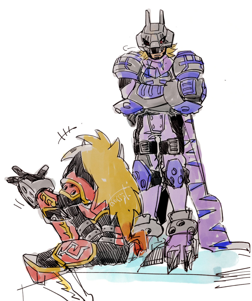 2boys, 96uni69, agnimon, armor, black_bodysuit, blonde_hair, blue_bodysuit, bodysuit