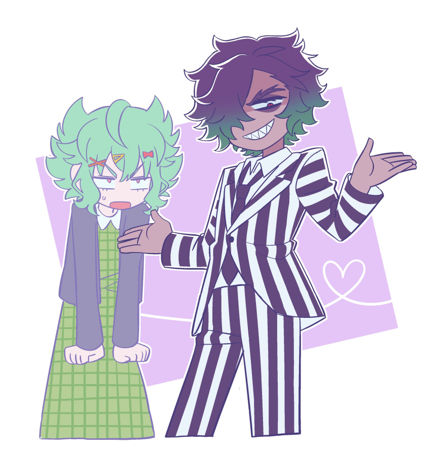 1boy, 1girl, absurdres, annoyed, beetlejuice, betelgeuse_(beetlejuice), betelgeuse_(beetlejuice)_(cosplay), black_jacket