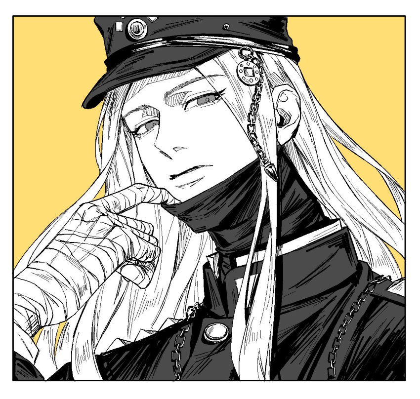 1boy, bandaged_hand, bandages, black_mask, chain, closed_mouth, danganronpa_(series), danganronpa_v3:_killing_harmony, expressionless, eyelashes, gakuran, haidai_qingtang_(biology447), hat, holding, long_hair, long_sleeves, looking_at_viewer, male_focus, mask, mask_pull, mouth_mask, parted_bangs, school_uniform, shinguji_korekiyo, sidelocks, solo, spot_color, yellow_background