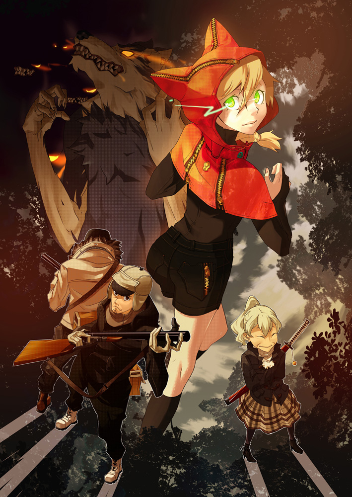 blonde_hair, boots, brown_hair, cat_hood, earrings, glowing, glowing_eyes, grandmother_(little_red_riding_hood)