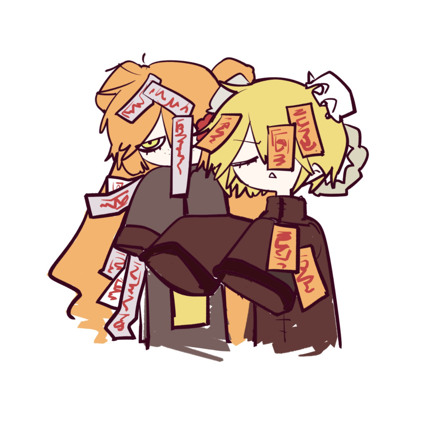 2girls, blonde_hair, braid, braided_hair_rings, brown_dress, bun_cover, closed_eyes, don_quixote_(project_moon)