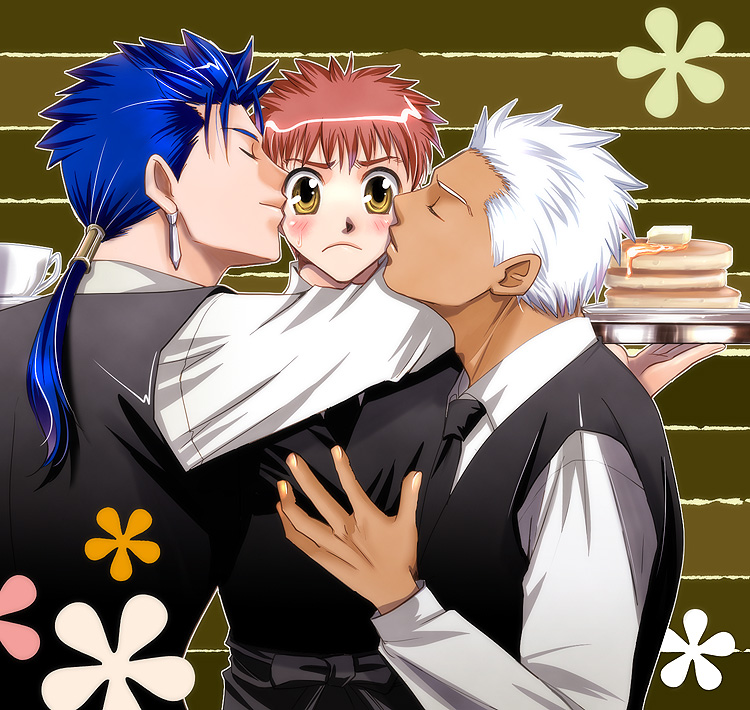 3boys, archer, blue_hair, blush, cheek_kiss, closed_eyes, cup, dark_skin