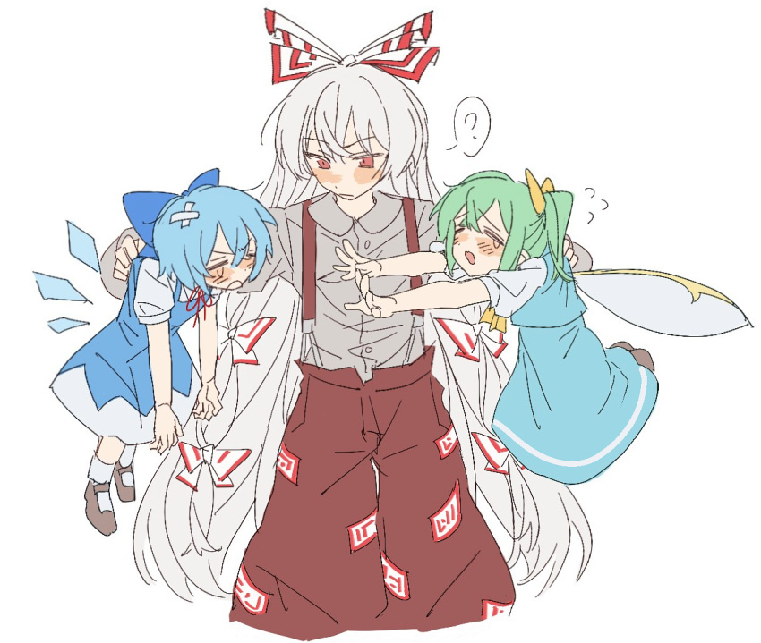 3girls, ?, an9_(jwns5327), aqua_skirt, aqua_vest, blue_bow, blue_dress, blue_hair, blush, bow, brown_shoes, chinese_commentary, cirno, closed_mouth, commentary_request, daiyousei, dress, expressionless, fairy, fairy_wings, frown, fujiwara_no_mokou, green_hair, hair_bow, hair_ribbon, ice, ice_wings, lifting_person, long_hair, long_sleeves, looking_at_another, medium_hair, multiple_girls, open_mouth, pants, red_eyes, red_pants, ribbon, shirt, shoes, short_sleeves, skirt, socks, tearing_up, touhou, very_long_hair, vest, white_hair, white_shirt, white_socks, wings