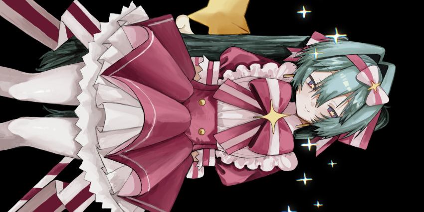 1girl, aqua_hair, arms_behind_back, back_bow, black_background, bow, bowtie, buttons