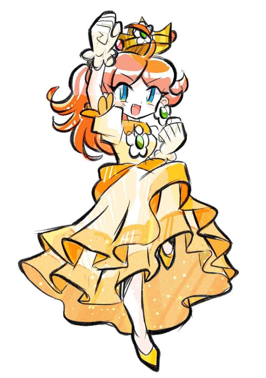 1girl, absurdres, arm_up, blue_eyes, brown_hair, crown, dress, earrings