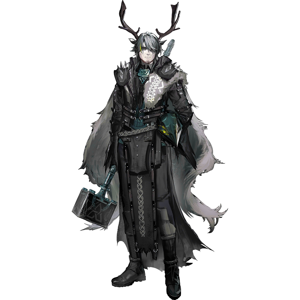 1boy, animal_ears, antlers, aqua_eyes, aqua_hair, arknights, black_boots, black_jacket, black_pants, black_theme, boots, closed_mouth, eikthyrnir_(arknights), full_body, hair_over_one_eye, hammer, holding, holding_hammer, holding_weapon, horns, jacket, long_sleeves, male_focus, official_art, one_eye_covered, pants, pelvic_curtain, scar, scar_across_eye, scar_on_face, short_hair_with_long_locks, simple_background, solo, standing, tachi-e, third-party_source, transparent_background, war_hammer, weapon