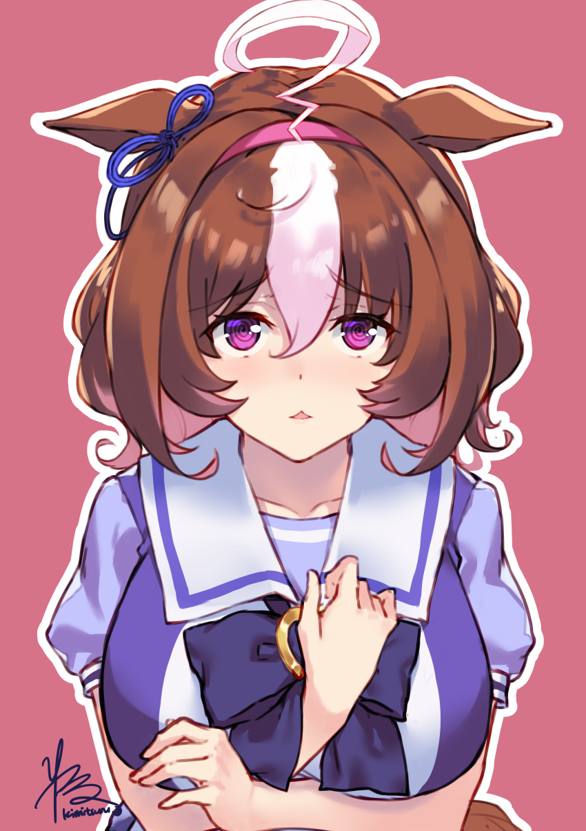 1girl, @_@, absurdres, animal_ears, bow, breasts, brown_hair, commentary_request