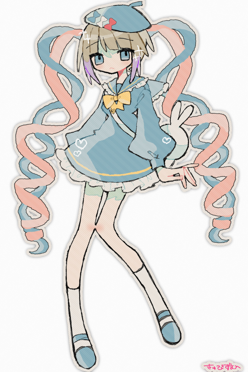1girl, blonde_hair, blue_dress, blue_eyes, blue_hair, blue_hat, blue_shoes, bow, bowtie, chouzetsusaikawa_tenshi-chan, dress, frilled_dress, frills, full_body, hat, highres, knees_together_feet_apart, long_hair, long_sleeves, looking_at_viewer, needy_girl_overdose, okashira_moppu, outline, pink_hair, shoes, short_dress, simple_background, socks, solo, twintails, very_long_hair, white_background, white_outline, white_socks, yellow_bow, yellow_bowtie