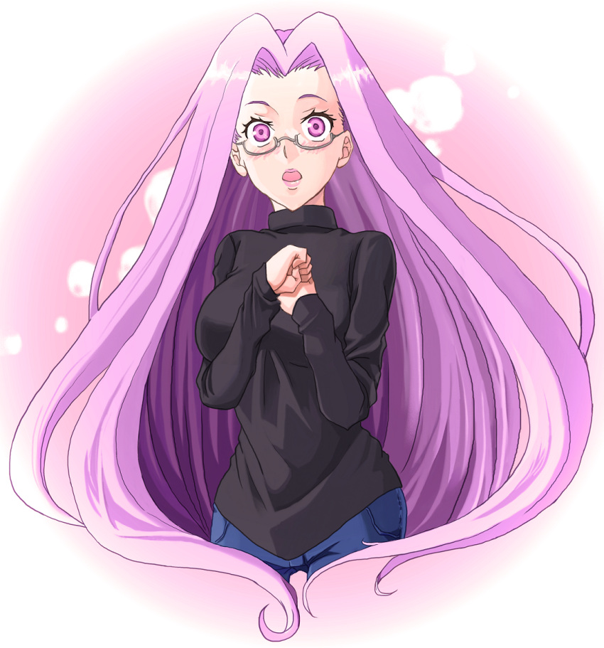 breasts, eyelashes, fate/stay_night, fate_(series), glasses, highres, jeans, large_breasts