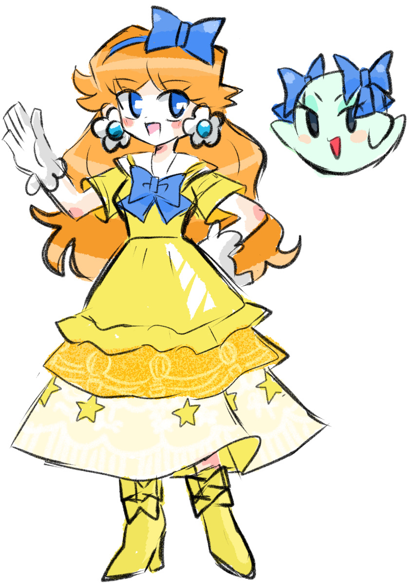 2girls, absurdres, blue_bow, bow, bow_(paper_mario), brown_hair, dress, earrings