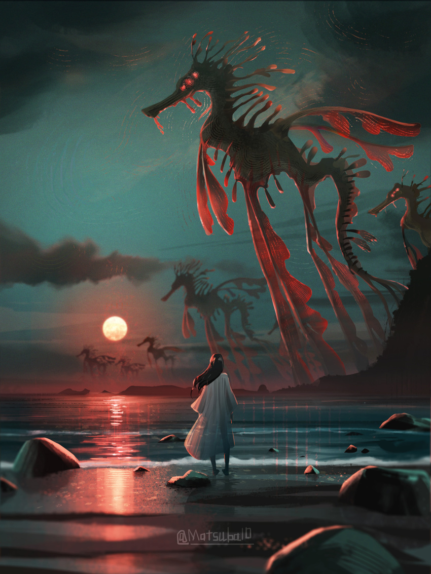 1girl, beach, clouds, dress, foaming_waves, from_behind, giant, giant_monster