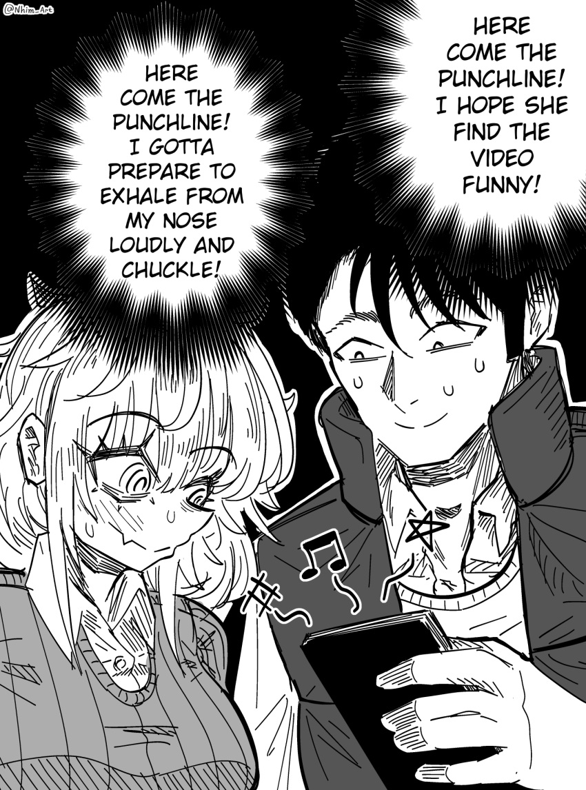 1boy, 1girl, breasts, cellphone, closed_mouth, collared_shirt, commentary, english_commentary