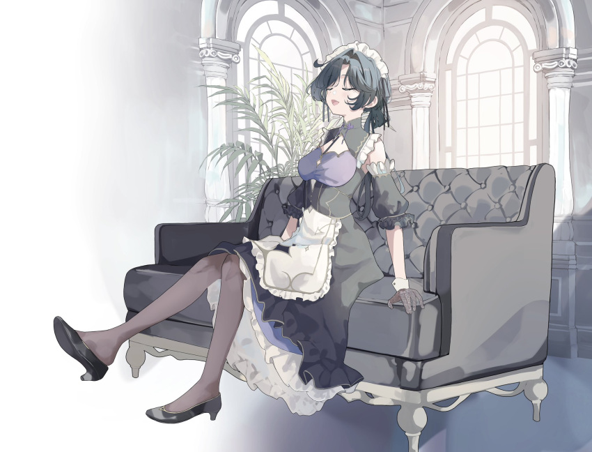 1girl, apron, arched_window, black_dress, black_gloves, black_hair, black_pantyhose, black_ribbon