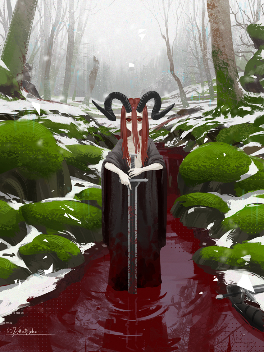 1girl, 1other, black_horns, blood, blood_on_clothes, blood_on_weapon, commentary_request, demon_horns