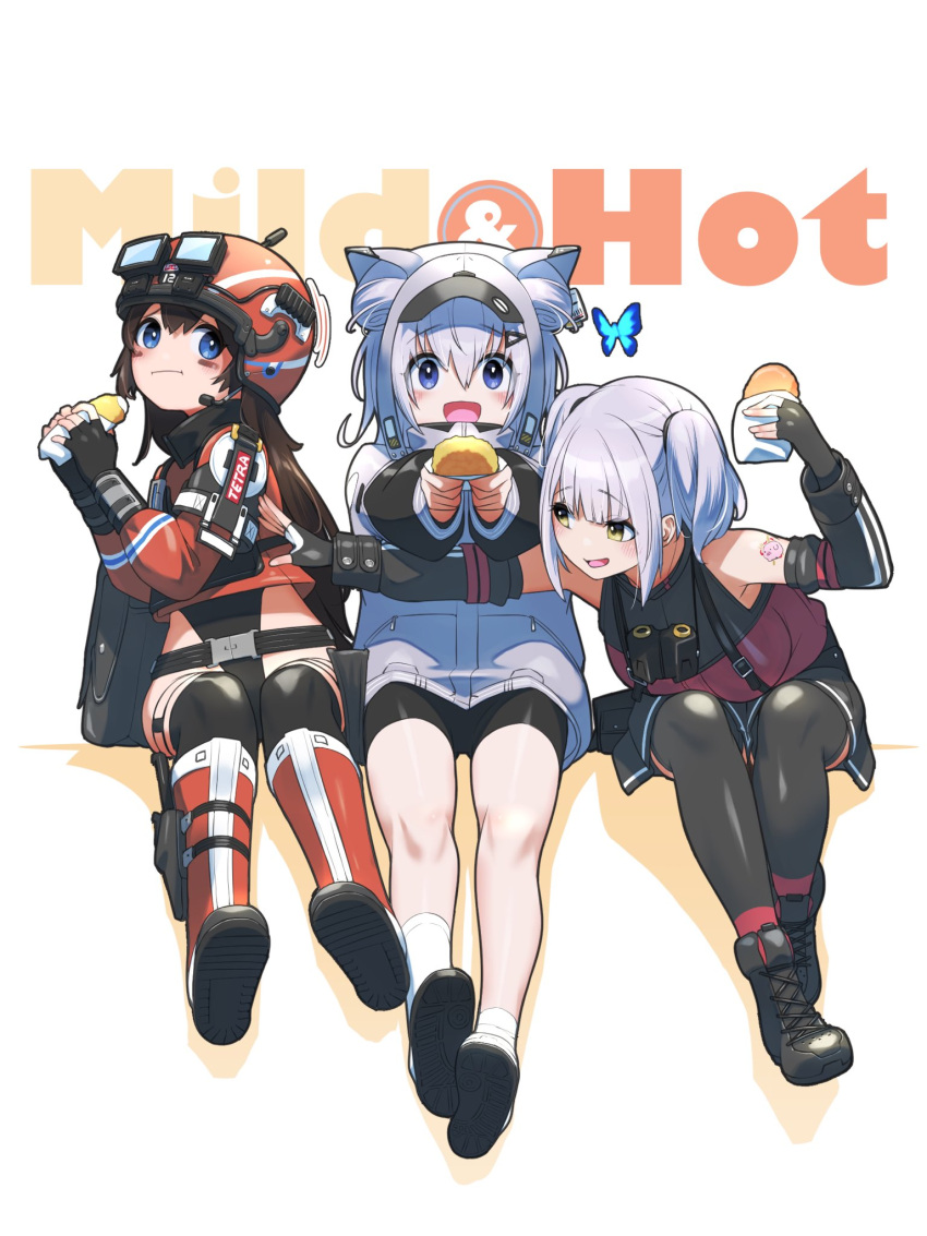 3girls, arm_tattoo, bag, bare_shoulders, belorta_(nikke), belt, bike_shorts, binoculars, black_boots, black_gloves, black_leotard, black_skirt, black_sleeves, black_thighhighs, blue_butterfly, blue_eyes, blush, boots, brown_hair, bug, butterfly, carronades_(nikke), croquette, detached_sleeves, double_bun, english_text, fingerless_gloves, food, fune_(fune83ojj), gloves, goddess_of_victory:_nikke, goggles, goggles_on_headwear, grey_hair, grey_jacket, hair_between_eyes, hair_bun, hair_ornament, hands_up, happy, helmet, highleg, highleg_leotard, highres, holding, holding_food, hood, incoming_food, jacket, leotard, leotard_under_clothes, long_sleeves, looking_at_another, looking_at_viewer, mica_(nikke), multiple_girls, n102_(nikke), open_mouth, reaching, reaching_towards_another, red_boots, red_shirt, shirt, shoes, shoulder_bag, sitting, skirt, socks, suspender_skirt, suspenders, tattoo, thigh-highs, visor_cap, white_background, white_socks, yellow_eyes