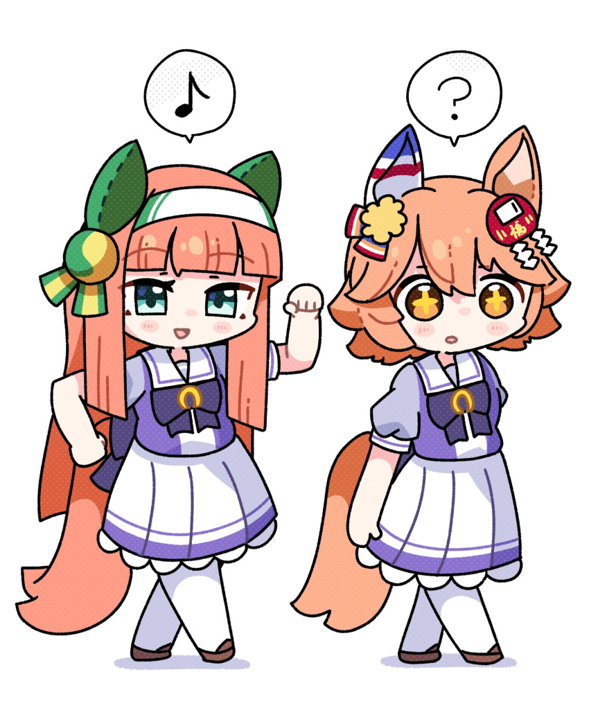 +_+, 2girls, ?, animal_ears, blue_eyes, blunt_bangs, blush, bow