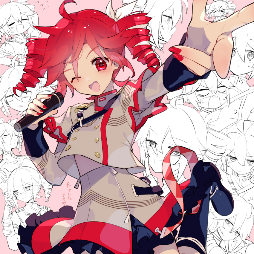 1girl, ;d, ahoge, buttons, character_backpack, double-breasted, drill_hair, frilled_skirt