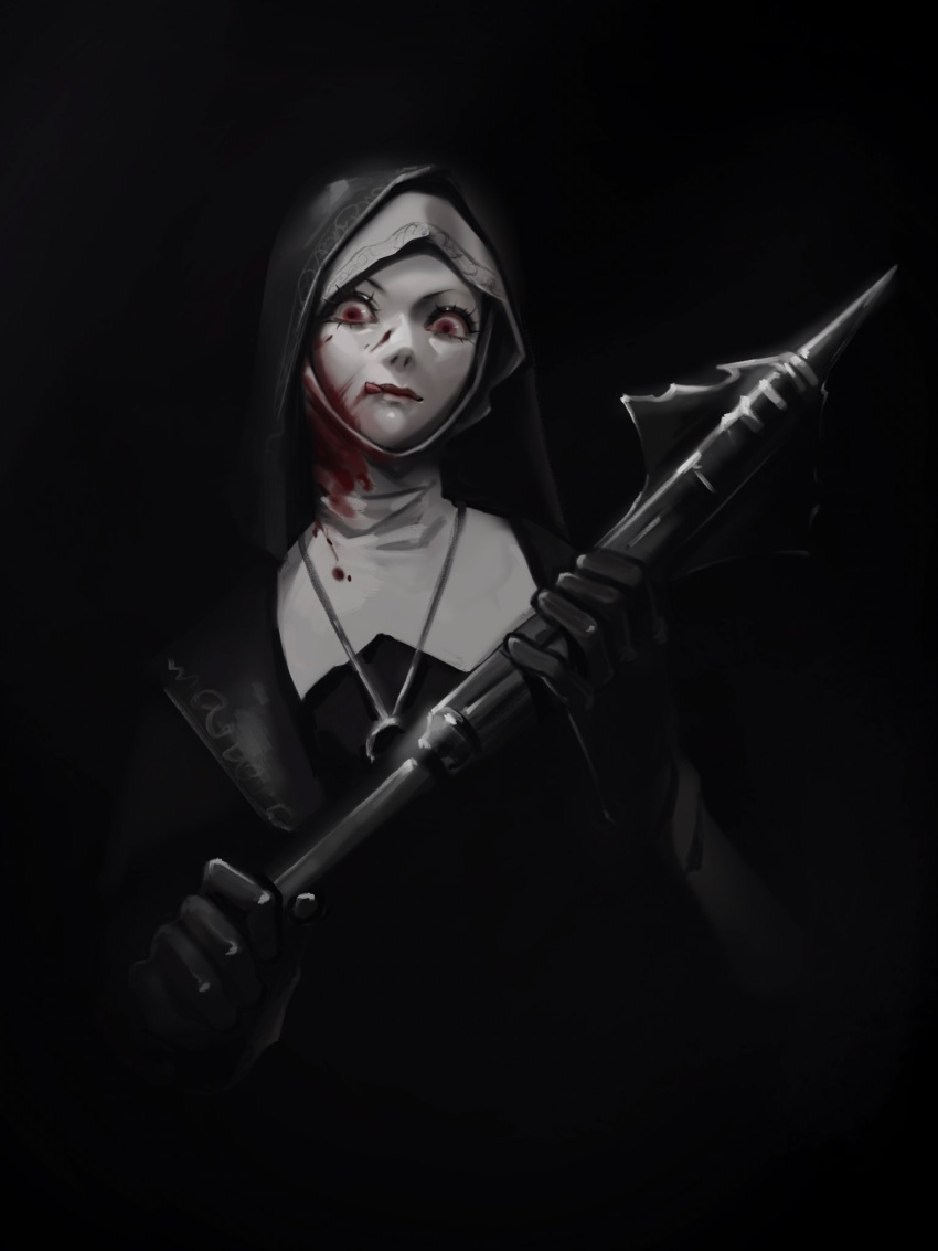 1girl, black_background, black_capelet, black_gloves, black_theme, blood, blood_on_face, capelet