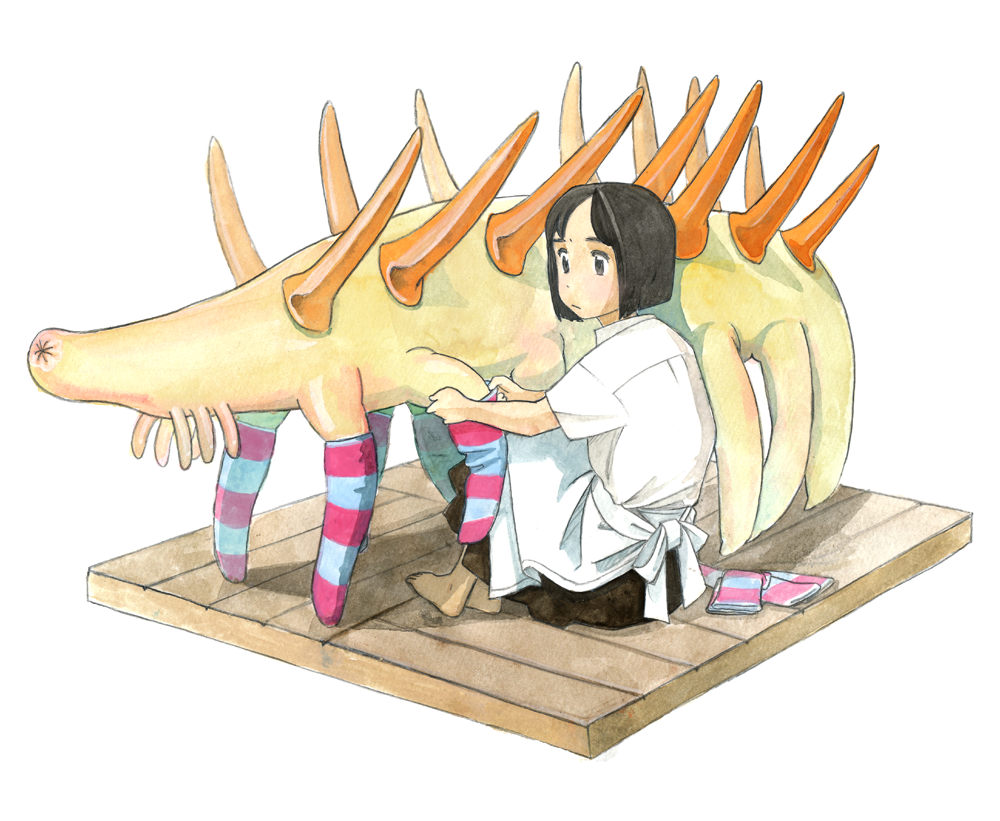 animal, apron, barefoot, black_eyes, black_hair, faux_figurine, hallucigenia, monster, original, oversized_animal, prehistoric_animal, short_hair, sitting, socks, solo, striped, striped_legwear