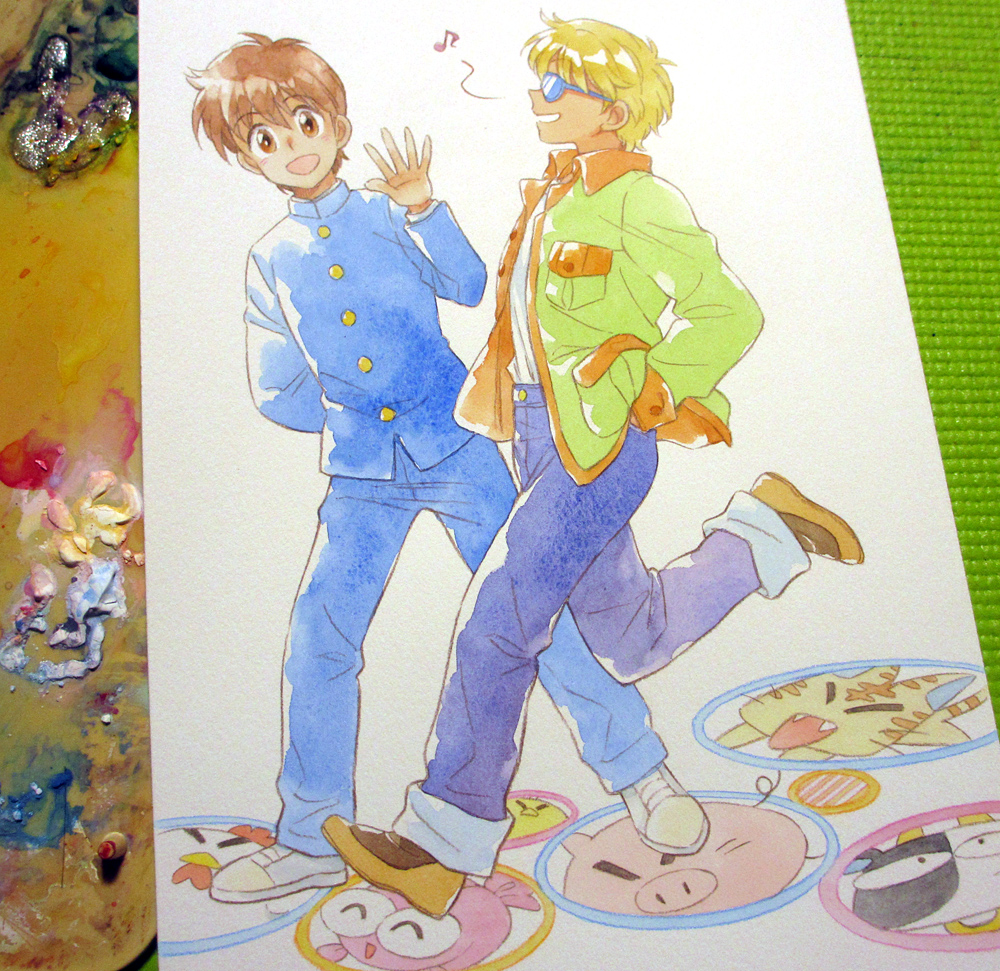2boys, agahari, aoi_(kingyo_chuuihou!), arm_behind_back, baby_animal, bird, blonde_hair, blue-tinted_eyewear