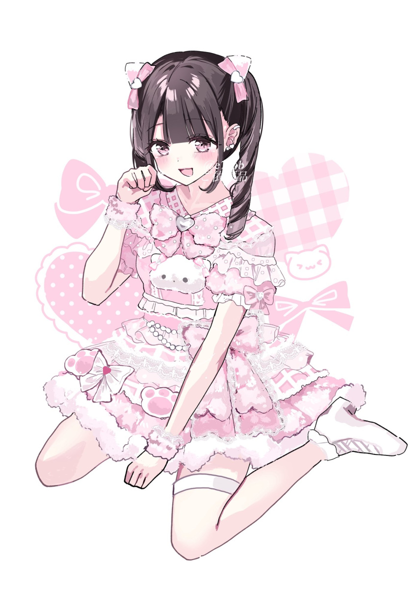 1girl, between_legs, black_hair, bow, commentary, dress, full_body, hair_between_eyes, hair_bow, hand_between_legs, hand_up, highres, hitsuzida, jirai_kei, long_hair, open_mouth, original, paw_pose, pink_bow, pink_dress, pink_eyes, shoes, short_sleeves, simple_background, sitting, smile, solo, thigh-highs, twintails, wariza, white_background, white_shoes