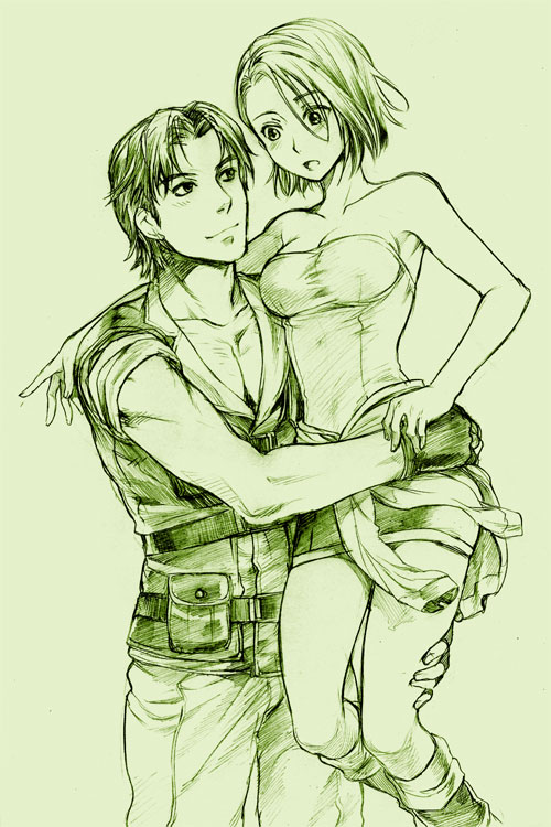 bare_shoulders, boots, breasts, capcom, carlos_oliveira, carrying, cleavage, fingerless_gloves, gloves, jill_valentine, knee_boots, miniskirt, monochrome, open_mouth, rakuto_mangan, resident_evil, resident_evil_3, short_hair, skirt, taut_shirt, tied_shirt, tubetop