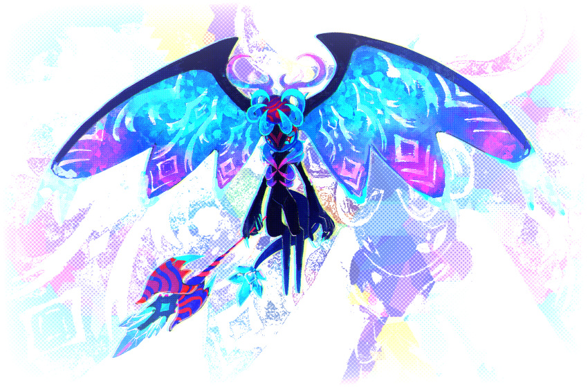 +_+, antlers, blue_sclera, colored_sclera, commentary_request, crystal, full_body, furry, genwel_meteonelfilis, highres, holding, holding_staff, horns, kakao_(kakao_san9), kirby_(series), kirby_and_the_forgotten_land, partial_commentary, solo, spoilers, staff, star-crossed_world, tail, wing_ears, zoom_layer
