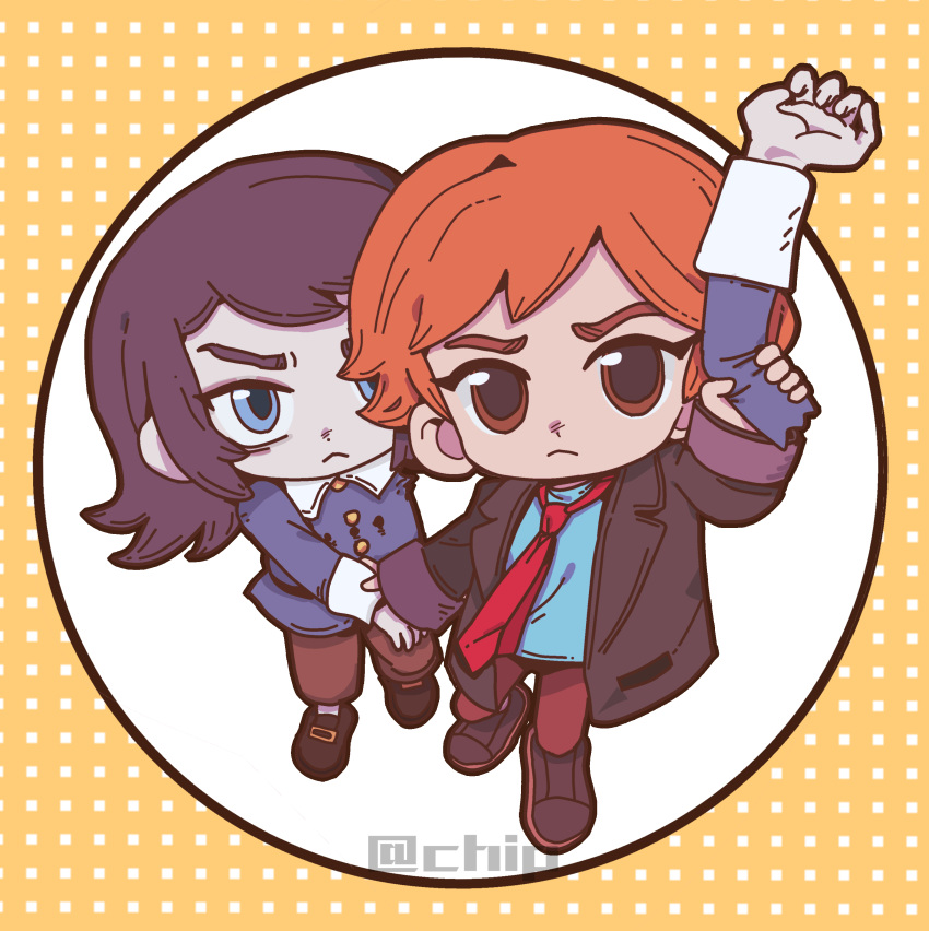 1boy, 1girl, abaddon_(haunted_hotel), absurdres, blue_coat, blue_eyes, brown_coat, brown_eyes