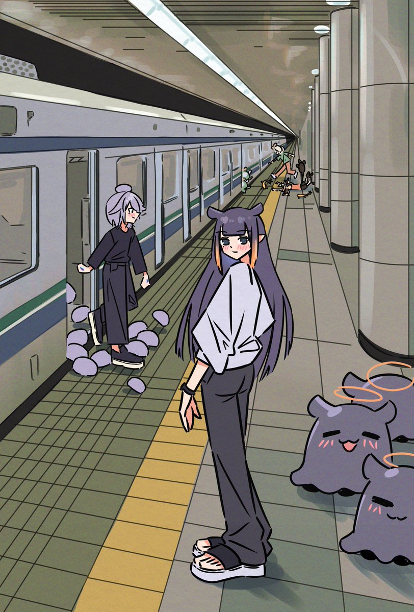 4girls, black_hair, black_pants, blonde_hair, blunt_bangs, blush, character_request, closed_mouth, column, commentary, from_side, full_body, gradient_hair, hololive, indoors, klefpto, koseki_bijou, long_hair, looking_at_viewer, mole, mole_under_eye, multicolored_hair, multiple_girls, ninomae_ina'nis, orange_pants, pants, pillar, pointy_ears, purple_hair, sandals, short_hair, sidelocks, slip-on_shoes, smile, standing, subway, symbol-only_commentary, takodachi_(ninomae_ina'nis), tentacle_hair, tile_floor, tiles, toes, two-tone_hair, vanishing_point, very_long_hair, virtual_youtuber, walking, watch, watch, wide-leg_pants
