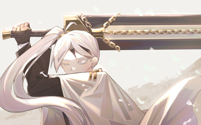 1boy, cape, chain, colored_eyelashes, falling_feathers, feathers, gold_trim, greatsword