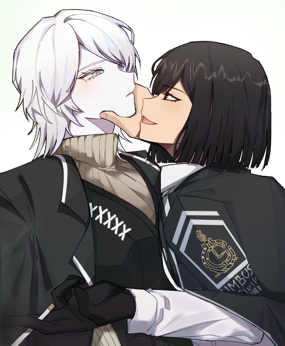 2girls, black_gloves, black_hair, black_vest, bob_cut, brown_sweater, cigarette, coat