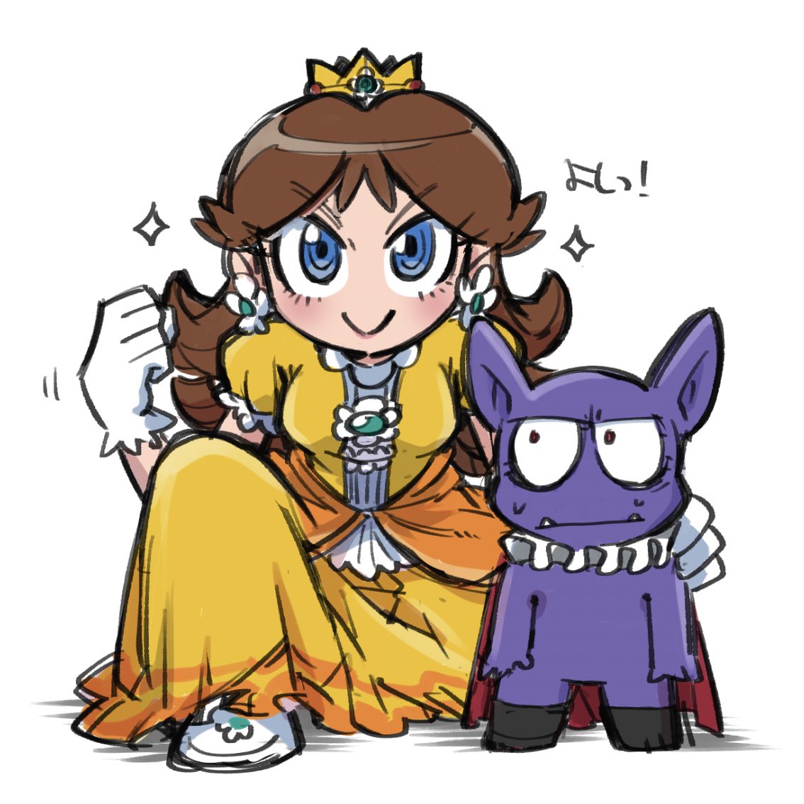 1boy, 1girl, blue_eyes, brown_hair, chiyo_(shuten_dj), colored_skin, commentary, crown