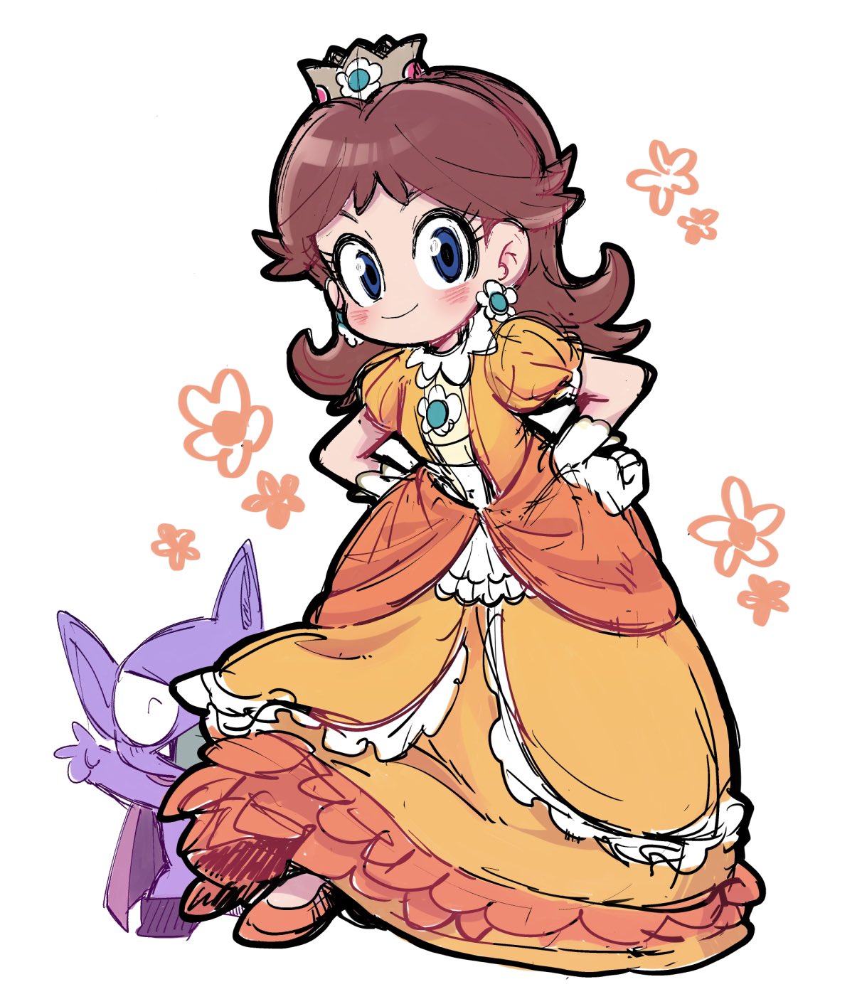 1boy, 1girl, brown_hair, chiyo_(shuten_dj), colored_skin, crown, dress, earrings