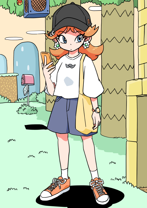 1girl, bag, baseball_cap, blue_eyes, brown_hair, cellphone, earrings, flower_earrings